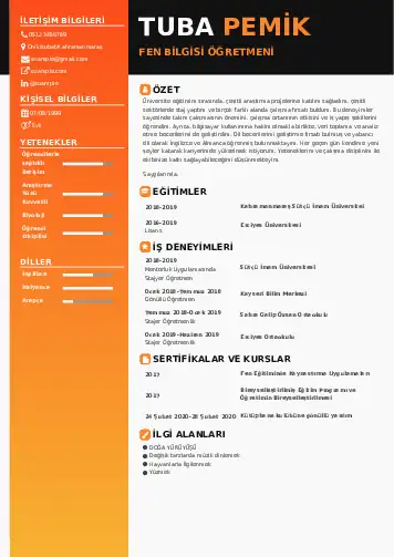 Fen Bilgisi Öğretmeni CV Örnekleri cv indir